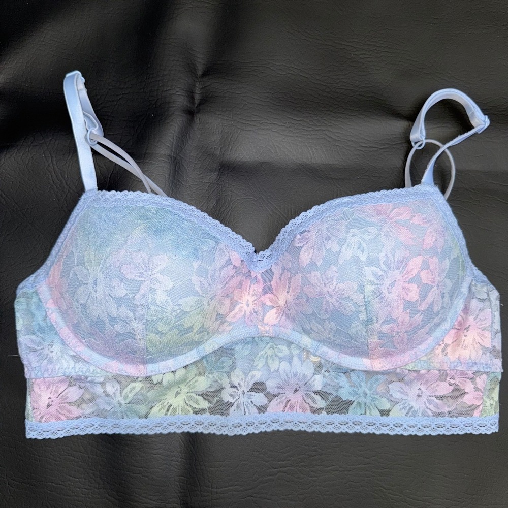 PINK Victoria's Secret Lace Push Up Bralette Blue Floral Pastel‎ Size M